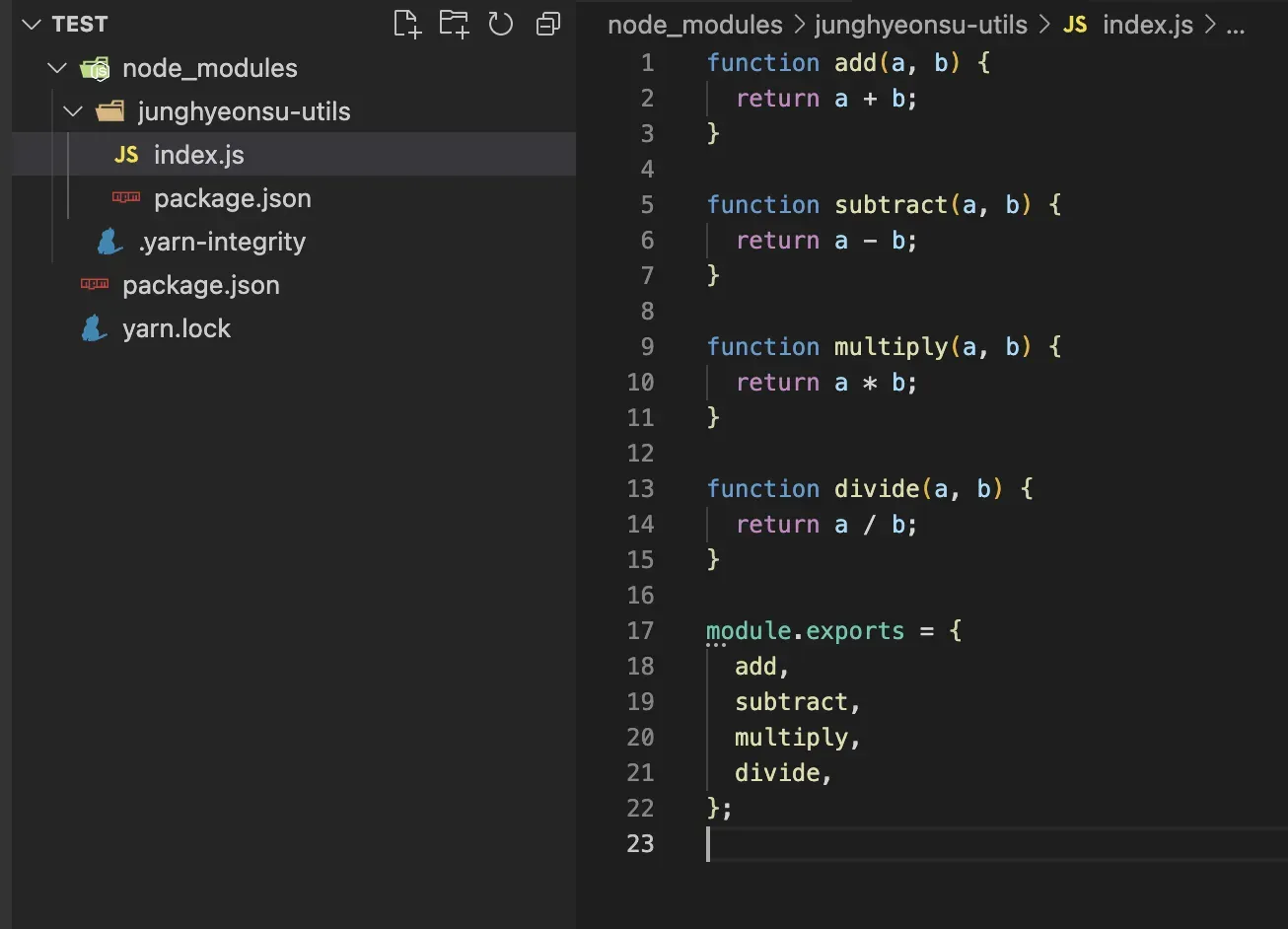 우리가 작성한 index.js파일이 node_modules안에 잘 들어가 있다.