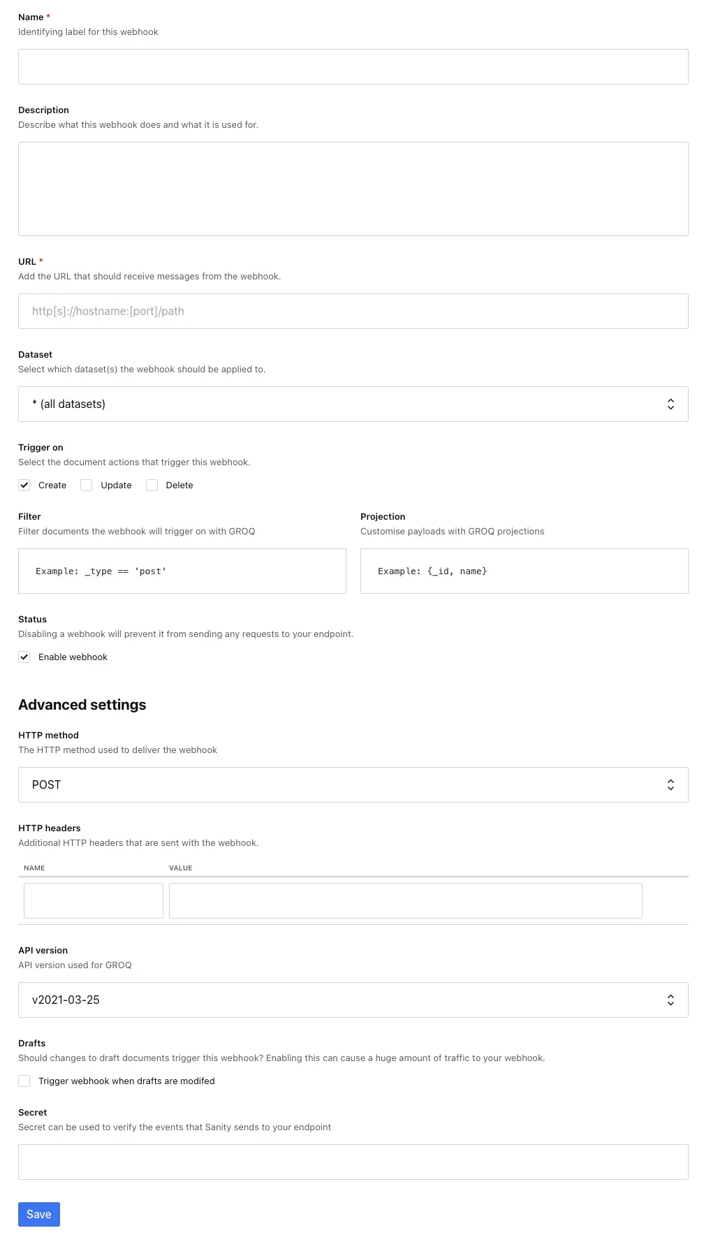 Webhook 등록 화면