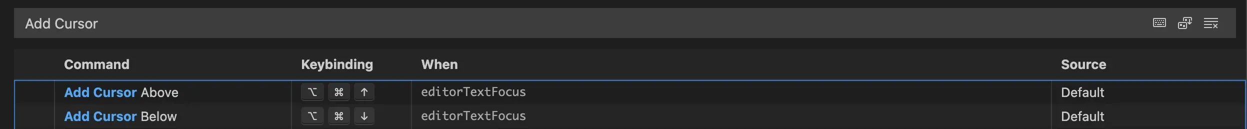 add-cursor keyboard short cut