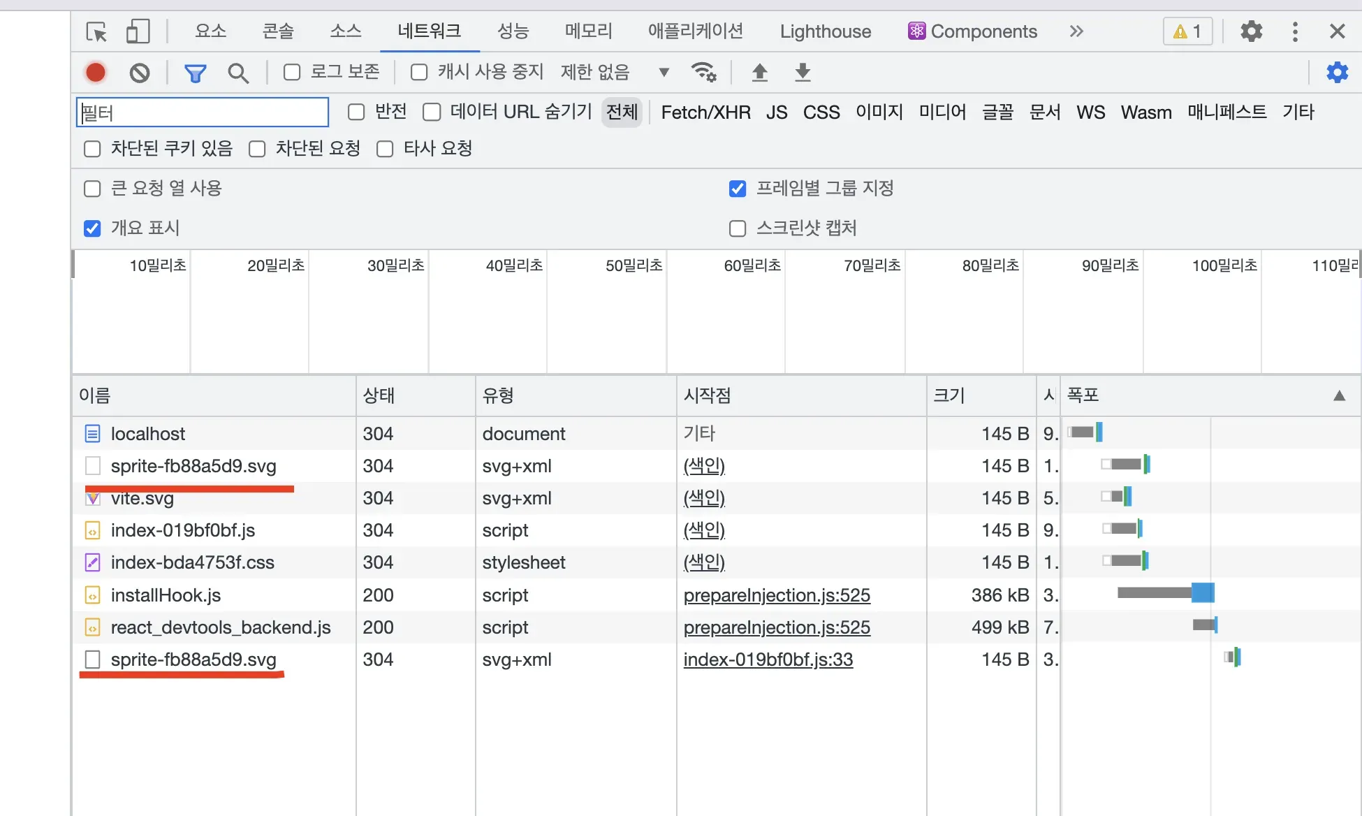 vite 환경에서 preload 테스트했을 때 크롬 네트워크 탭을 살펴보자