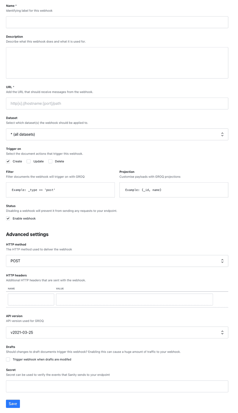 Webhook 등록 화면